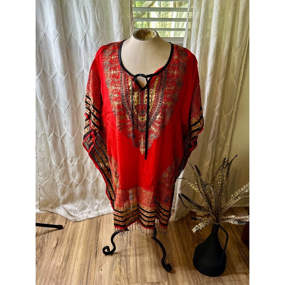 Ashro Womens Mini Kaftan Dress Tunic Tribal Beaded Fringe Hemline S lined Boho